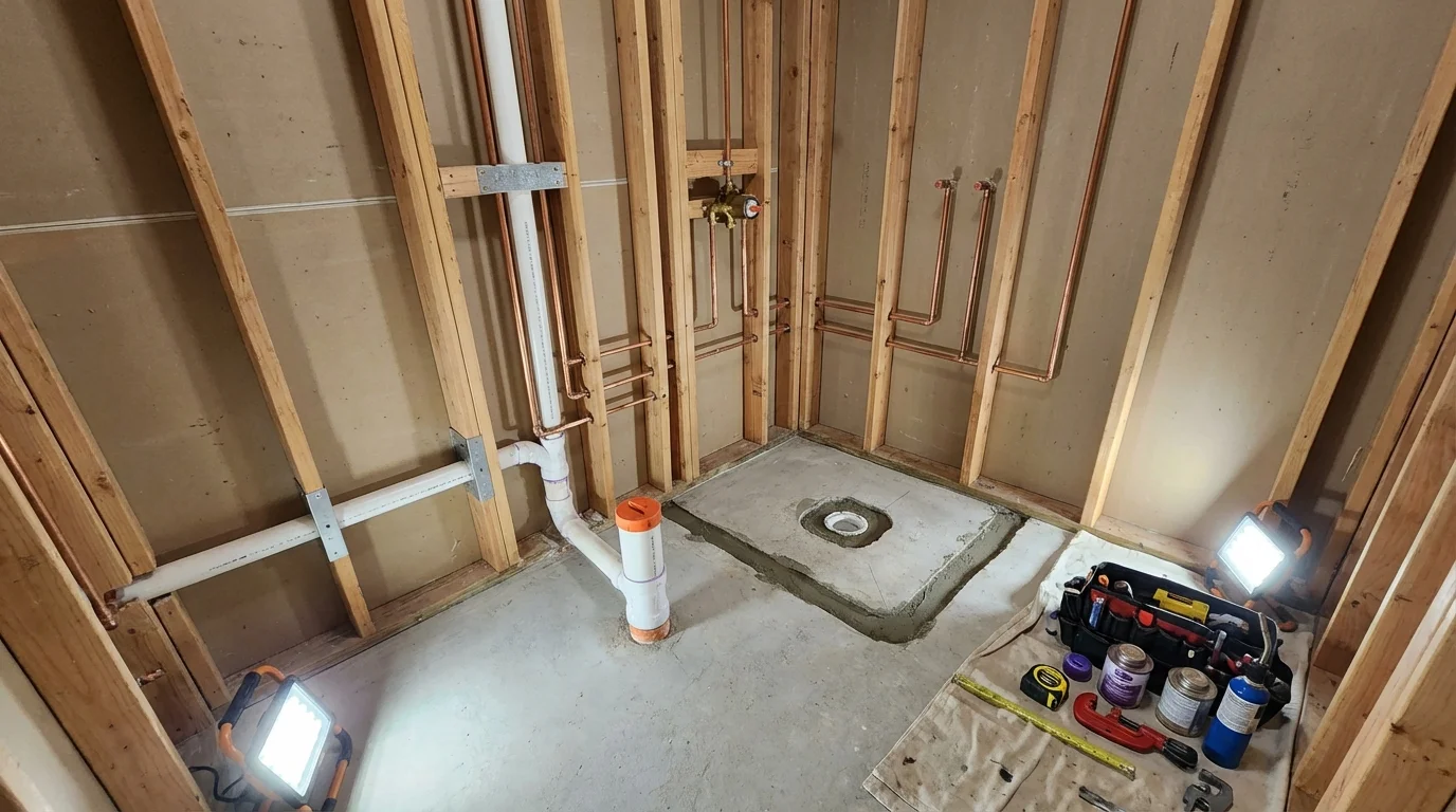 Bathroom rough-in plumbing during remodel by Johns Plumbing LLC in Stratford