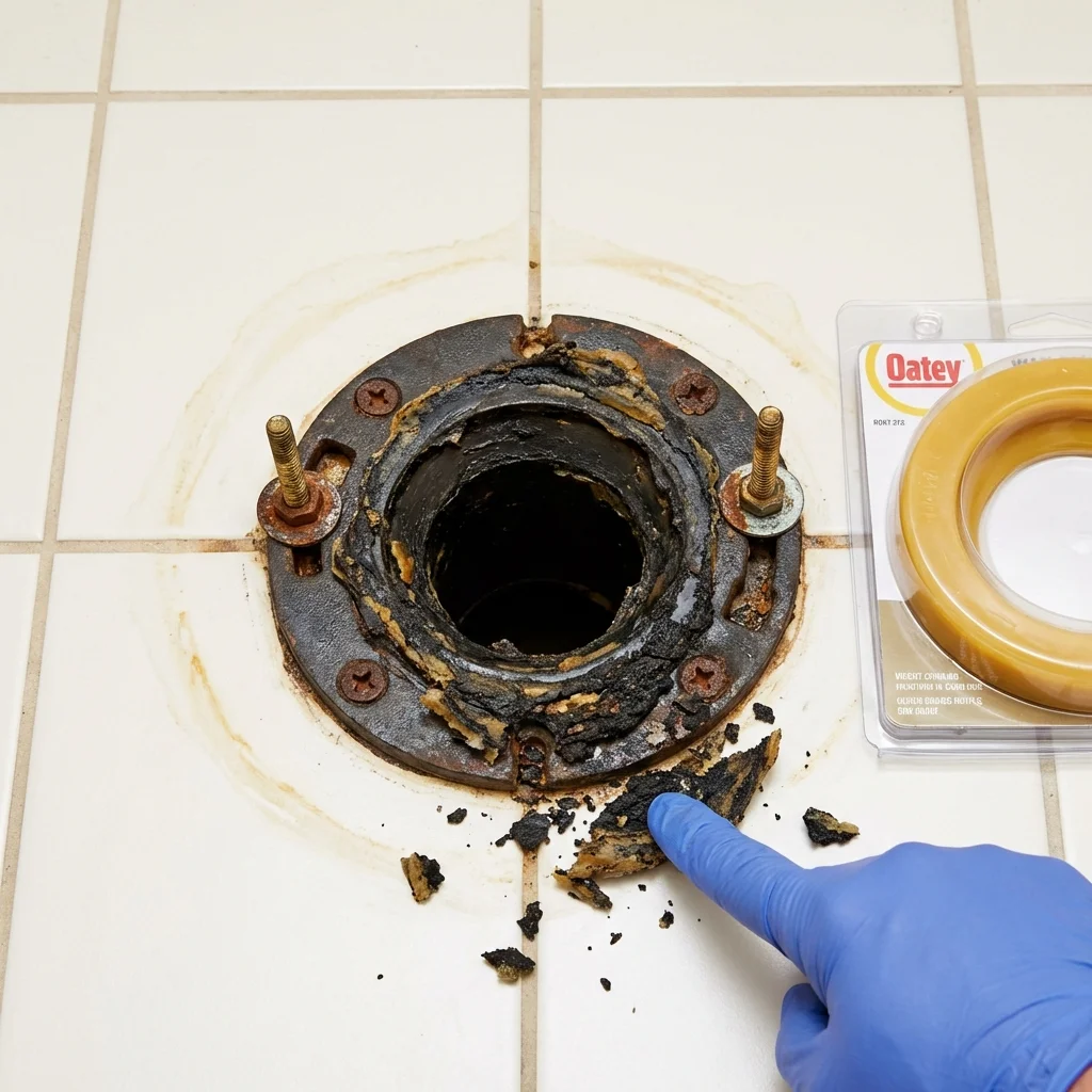 Failed wax ring showing water seepage at the base of a toilet in a Stratford, OK home