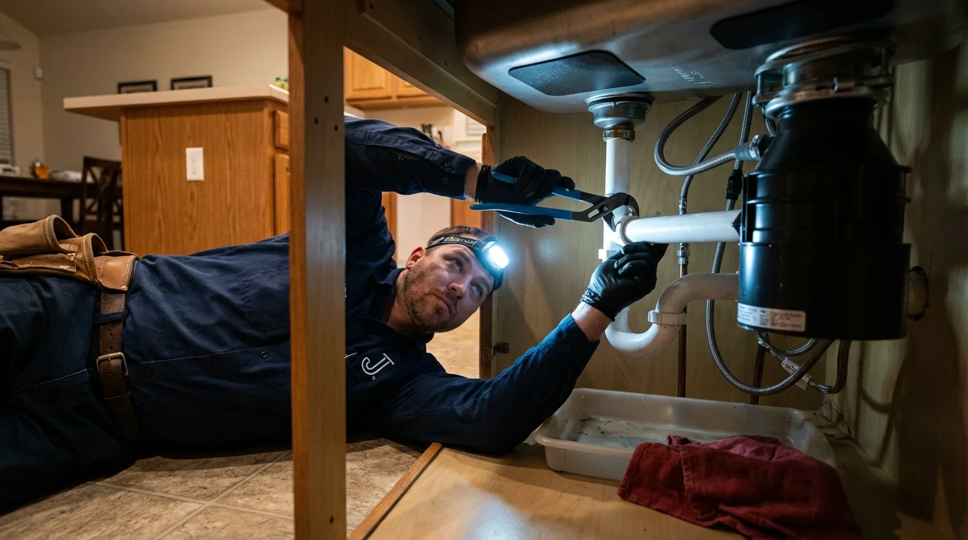 P-trap and supply line connections under a kitchen sink showing a common leak point in Stratford, OK